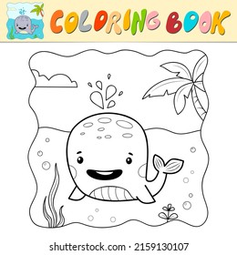 Libro de colorear o página de colorear para niños. Ilustración vectorial en blanco y negro de ballena. Fondo marino