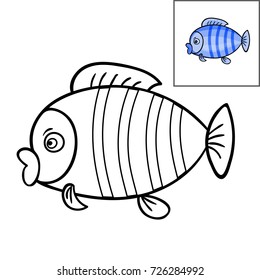 Coloring book page for kids.Cute Cartoon Fish. Vector  illustration.Hand drawn doodle.Sample coloring in the corner.