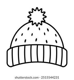 Coloring book page of a knitted winter hat with a pom-pom on top. Black and white vector outline illustration isolated on white background. Christmas element ready for print.