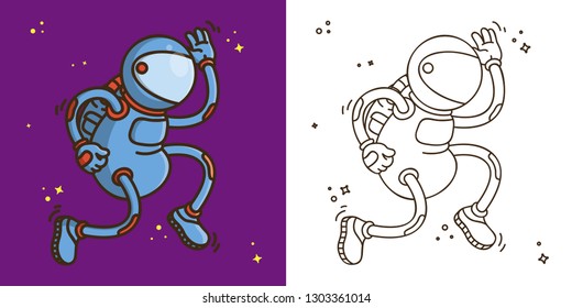 Coloring Book Page. Line Art Cartoon Vector Illustration. Cute Character: Astronaut on the background of the cosmos with the stars