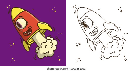 Coloring Book Page. Line ArtCartoon Vector Illustration. Cute Character: Cheerful eye rocket on the background of the cosmos with the stars