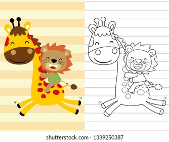 Coloring book or page with lion riding giraffe on striped background