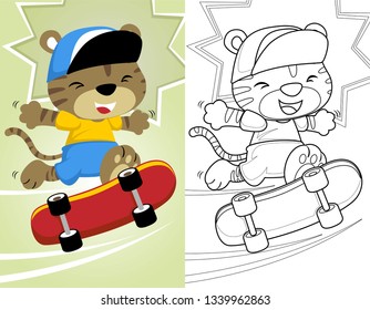 coloring book or page with little cat playing skateboard