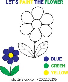 Coloring book page with little Flower. worksheet for education. painting page. drawing kids simple activity. Educational activity for preschool years kids. Flat cartoon colorful vector illustration.