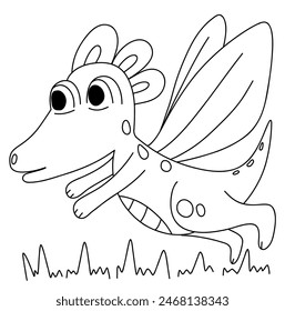 Coloring book page with little flying dinosaur in outline style