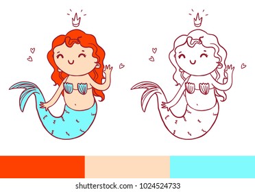 Coloring book page with little mermaid. Vector printable temlate with color examples.