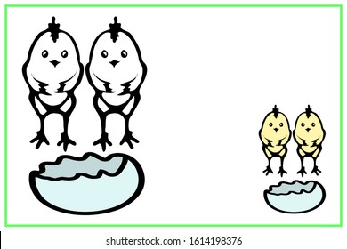 Coloring book page  for little preschoolers. Outline drawing of 2 chickens of twin twins just emerged from an egg. Newborn. An example of coloring in smaller sizes.  Vector