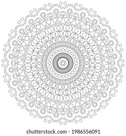 Farbige Buchseite Mandala aus Kreisen, schwarz-weißes, entspannendes Zeichnen