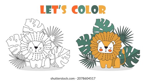 Coloring book page. Materials for children, development of creative abilities, pictures for little artists. Lion in jungle, character on background of foliage. Cartoon flat vector illustration