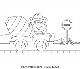 coloring book or page of mixer truck cartoon with funny driver, Cartoon isolated vector illustration, Creative vector Childish design for kids activity colouring book or page.