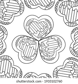 Coloring Book Page. Monochrome Doodle St Patrick's Day Pattern. Decorative hand drawn Clover Leaf
