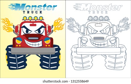 Coloring book or page of monster truck cartoon with creepy smile