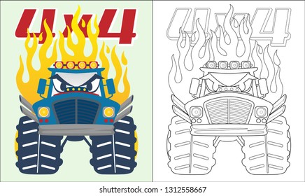 Coloring book or page of monster truck cartoon with flame