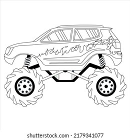 Coloring book or page of monster truck cartoon funny off road vector truck.