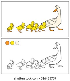 Coloring book or page. Mother duck and ducklings. Mallard duck and baby ducklings.