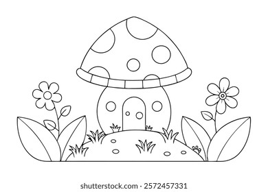 Coloring Book Page with a Mushroom House in Flower - Fun and Creative Coloring Page Design