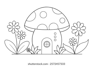 Coloring Book Page with a Mushroom House in Flower - Fun and Creative Coloring Page Design