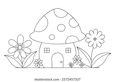 Coloring Book Page with a Mushroom House in Flower - Fun and Creative Coloring Page Design