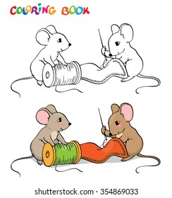 Coloring book or page. One mouse sewing needle, the other holding a spool of thread and looks.