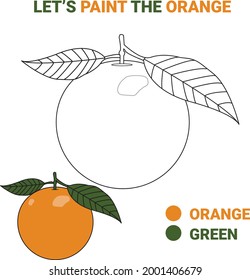 Colorando la página del libro con Orange. hoja de trabajo para la educación. página de dibujo. dibujar a los niños actividad simple. Actividad educativa para niños de edad preescolar. Ilustración vectorial colorida de dibujos animados planos.