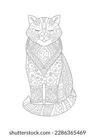 Coloreando la página del libro. dibujo esquemático adornado gato. ilustración vectorial en blanco y negro de un gato con ojos cerrados