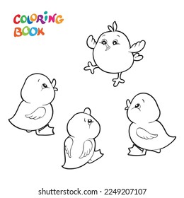 Coloring book or page, outline drawings of domestic farm birds of ducks, chicks, ducklings isolated on a white background.