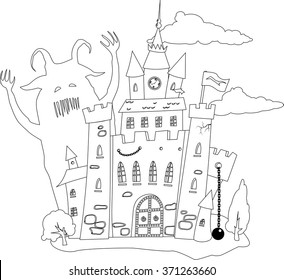 Coloring book page, outline of a fairy-tale castle and a monster, EPS 8 vector illustration