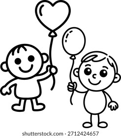 Coloring Book Page Outline Featuring Two Happy Boys Holding Balloons