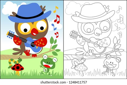 Coloring book or page with owl cartoon playing guitar with caterpillar and frog in forest