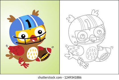 Coloring book or page with owl cartoon playing rugby