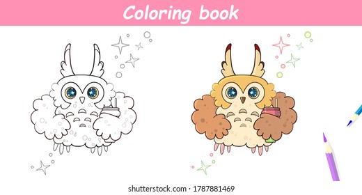 Coloring book page. Owl. Sketch and color version. Coloring for kids. Vector illustration