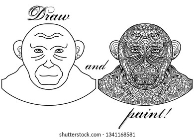 Coloring book page with patterned head of a monkey or ape isolated on white background. Decoration for printing on fabric. Meditation and antistress in drawing and coloring. Vector illustration.