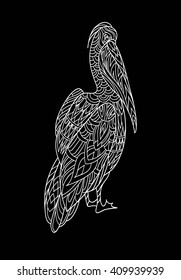 Coloring book page with pelican. Ornamental bird hand drawn. Vector illustration. T-shirt design. Line art.