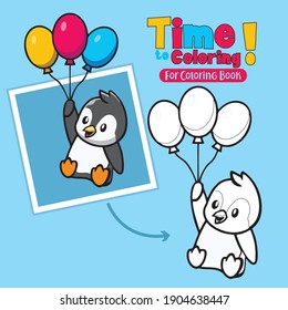 Coloring book, page a Penguin with ballons cartoon for children activities image.Line art style illustration.