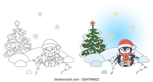 Coloring book page. Penguin with christmas tree and garland. Sketch and color version. Coloring pages for children. Vector illustration