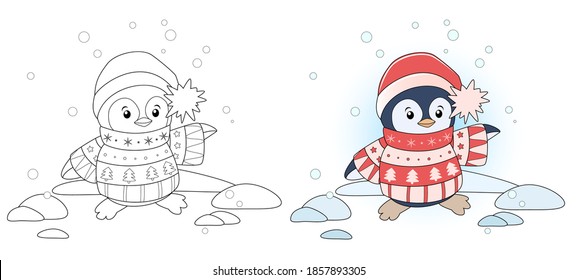Coloring book page. Penguin in christmas sweater. Sketch and color version. Coloring pages for children. Vector illustration