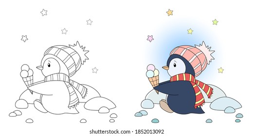 Coloring book page. Penguin with ice cream. Sketch and color version. Coloring pages for children. Vector illustration