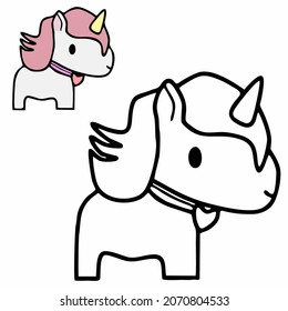 Coloring book or page with pink unicorn. Clip art set for t-shirt print, kids apparel, greeting card, label, patch or sticker