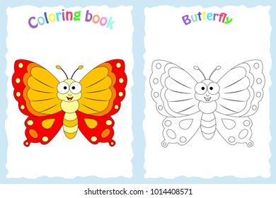 Coloring book page for preschool children with colorful butterfly and sketch to color