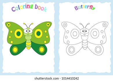 Coloring book page for preschool children with colorful butterfly and sketch to color