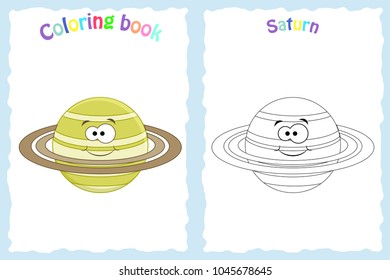 Coloring book page for preschool children with colorful  saturn planet and sketch to color