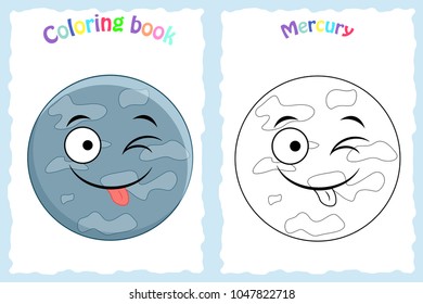 Coloring book page for preschool children with colorful Mercury  planet  and sketch to color. 