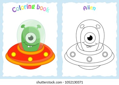 Coloring book page for preschool children with colorful alien  and sketch to color. 