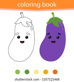 Coloring book page for preschool children with colorful clown eggplant and sketch to color