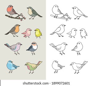 Coloring book page for preschool children with cute hand drawn colorful birds, black outline, pastel colors and with sketch to color. EPS 10 vector illustration.