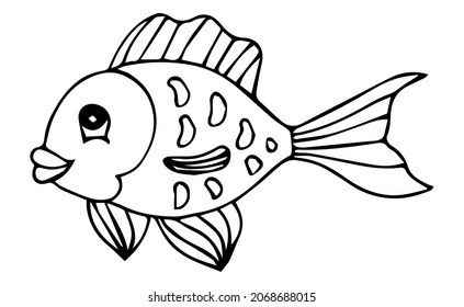 Coloring book page for preschool children with colorful Cute funny Cartoon Fish, fish coloring page