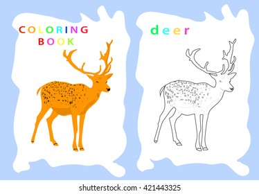 Coloring book page for preschool children with colorful deer and sketch to color