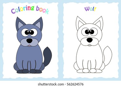 Coloring book page for preschool children with colorful wolf and sketch to color