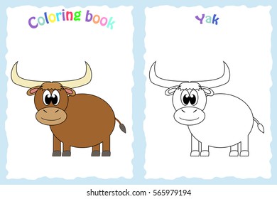 Coloring book page for preschool children with colorful yak and sketch to color