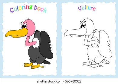 Coloring book page for preschool children with colorful vulture and sketch to color